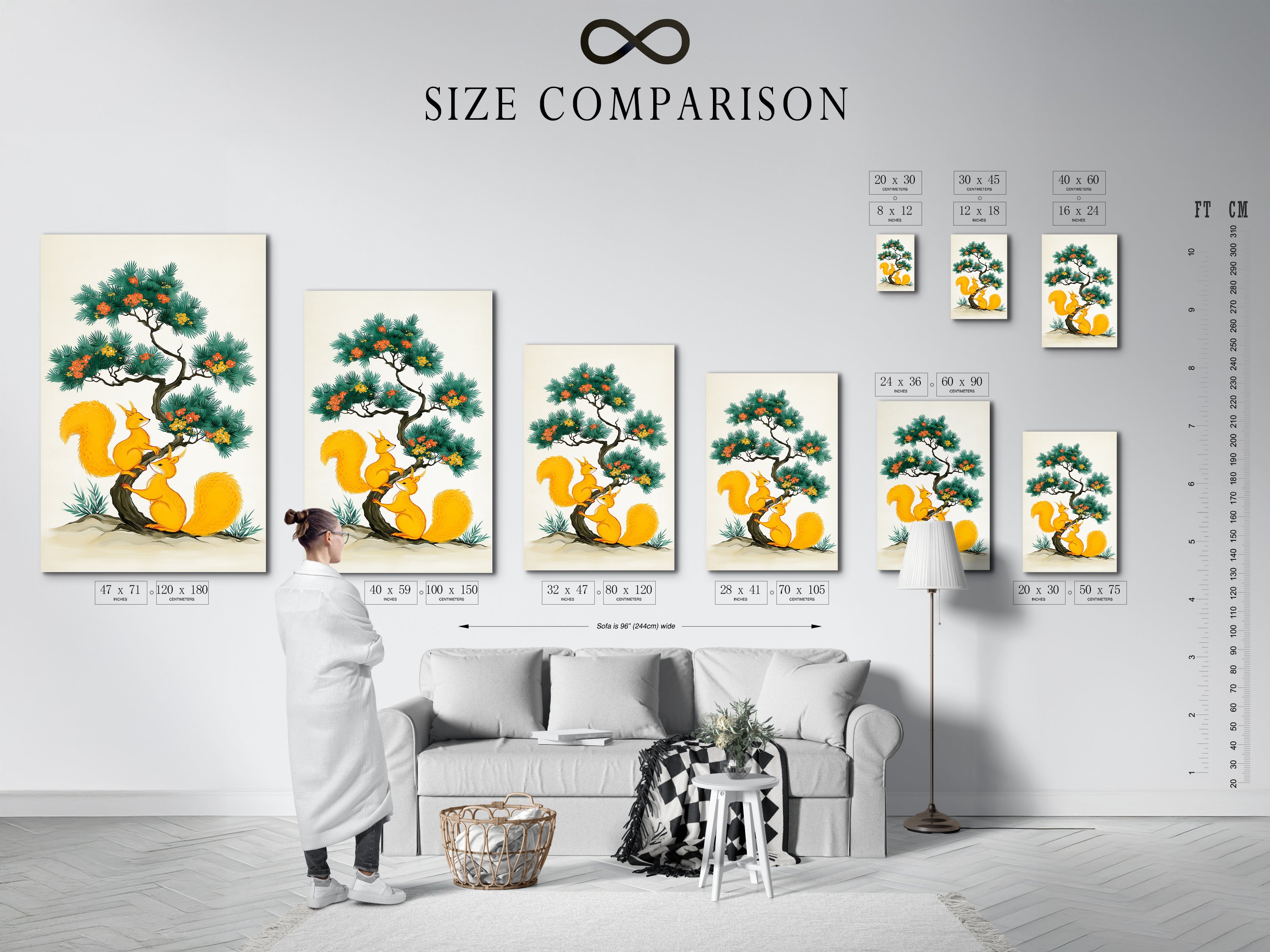 This size comparison chart is set in an interior. It helps visualize how the Asian-style squirrel artwork will look in different sizes. See how the botanical tree poster fits. Plan your animal canvas display for the perfect nature wall art.