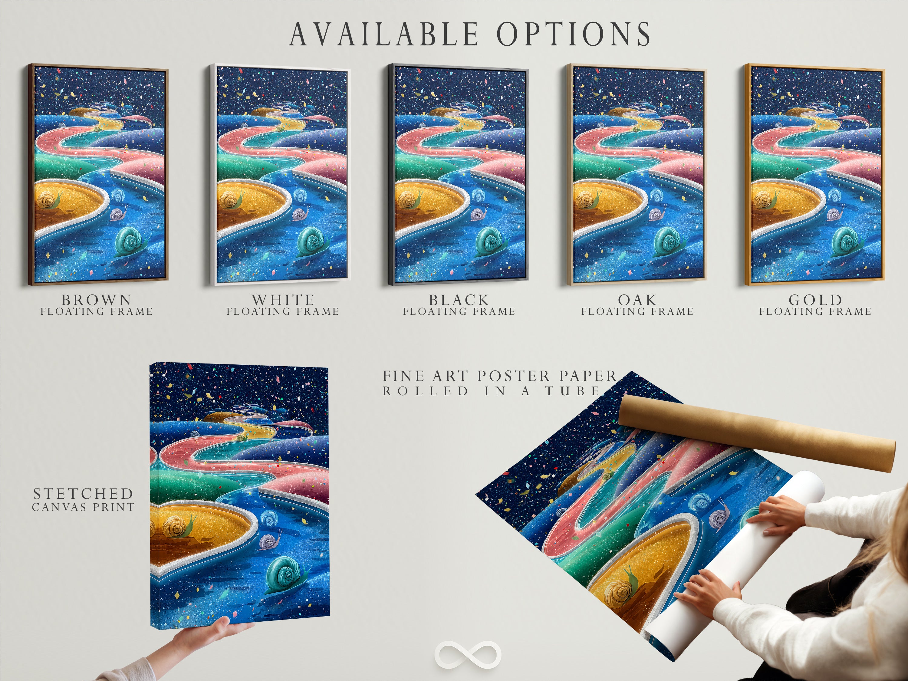 Available options include a stretched canvas print fine art poster paper and floating frame all featuring whimsical snail artwork. The colorful abstract piece enhances kids room decor. The turquoise blue artwork adds a modern touch.