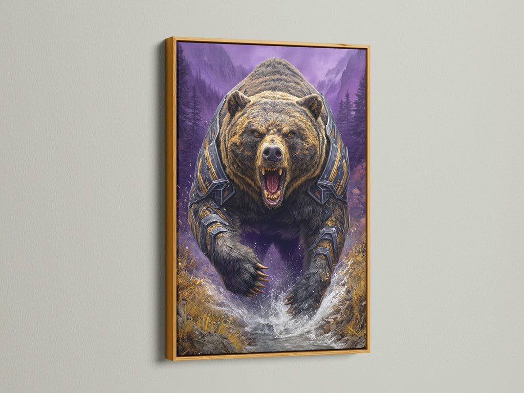 Grizzly Bear artwork presented in a gold frame. This fantasy wildlife art shows a bear in armor with a purple mountain landscape. Elevate your man cave or adventure themed room. Add sophistication to any space.