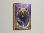Grizzly Bear artwork presented in a gold frame. This fantasy wildlife art shows a bear in armor with a purple mountain landscape. Elevate your man cave or adventure themed room. Add sophistication to any space.