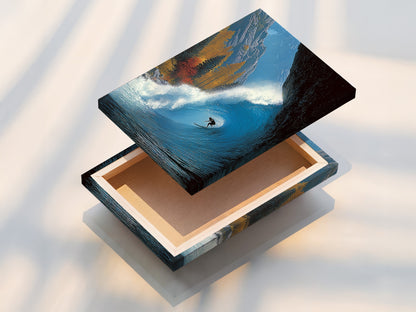 A stretched canvas print of surfing wave art. The ocean artwork wraps around the frame. The wave print is vibrant and ready to hang. Coastal wall art that's easy to display. This surfer gift is a hassle free art solution. No frame needed for this stretched canvas.