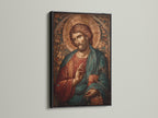 A sophisticated black frame surrounds a religious art print. The black frame adds a bold contrast. It enhances the visual impact of the artwork. This frame is ideal for contemporary spaces. It will add a touch of elegance.