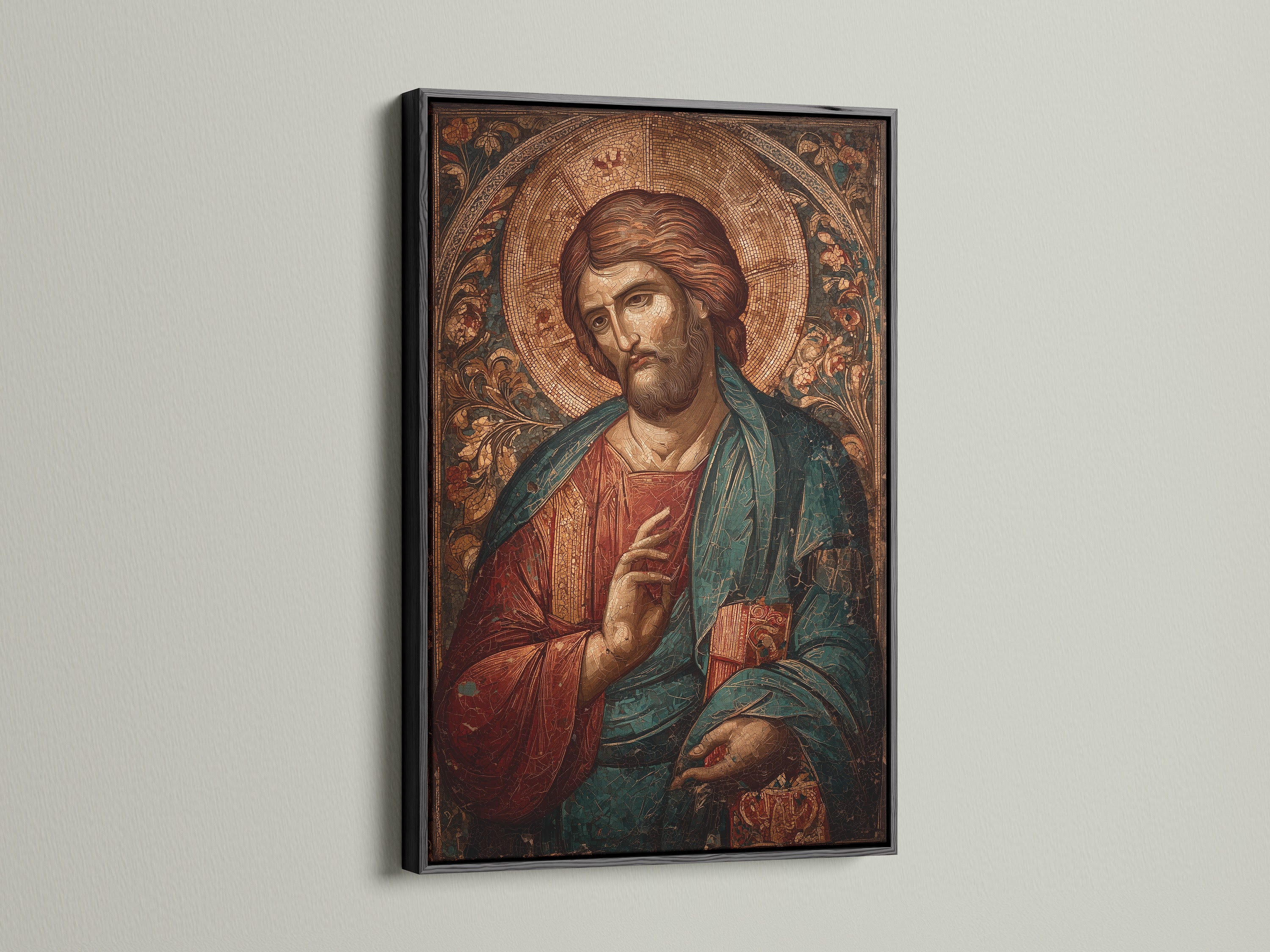 A sophisticated black frame surrounds a religious art print. The black frame adds a bold contrast. It enhances the visual impact of the artwork. This frame is ideal for contemporary spaces. It will add a touch of elegance.