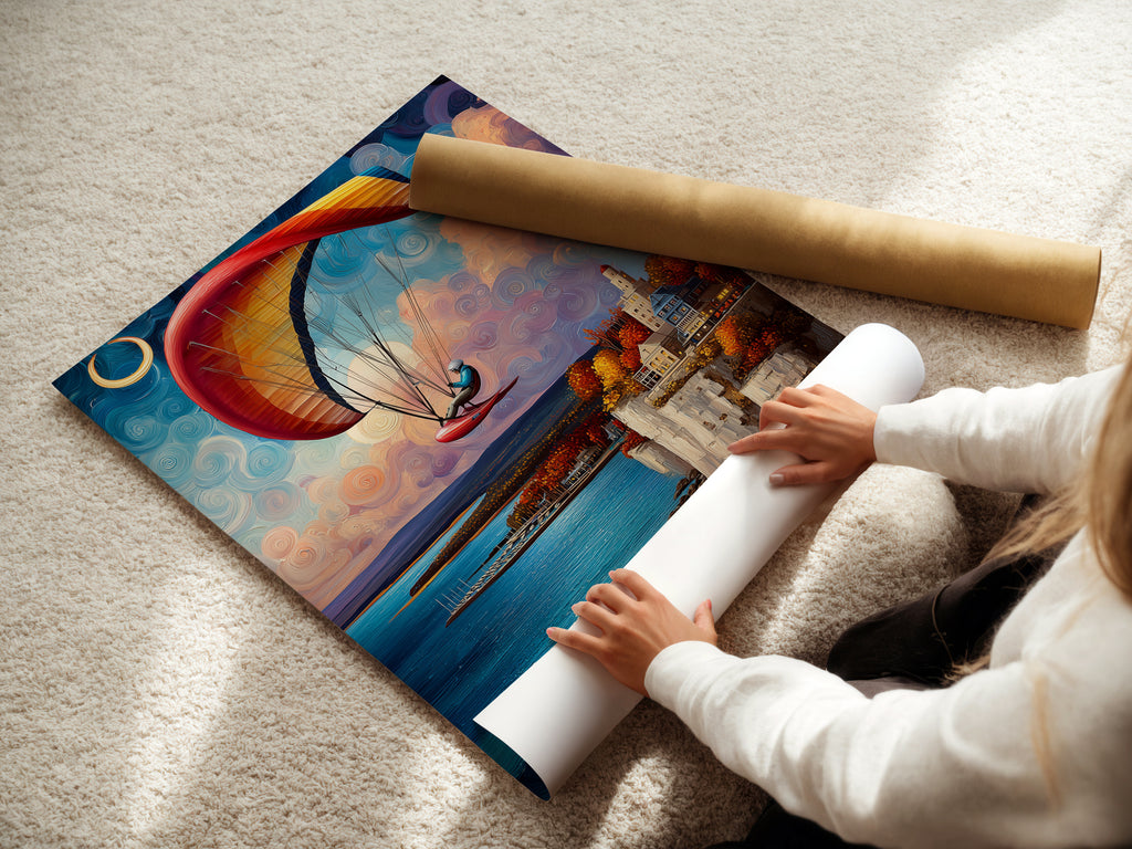 A woman is carefully rolling a fine art poster paper. The paper features the paragliding artwork. The artwork captures a coastal scene with cliffside houses. The fine art poster paper ensures high-quality reproduction. This poster is perfect for art enthusiasts. It adds a touch of coastal charm to your home or office. The artwork showcases adventure and whimsy.
