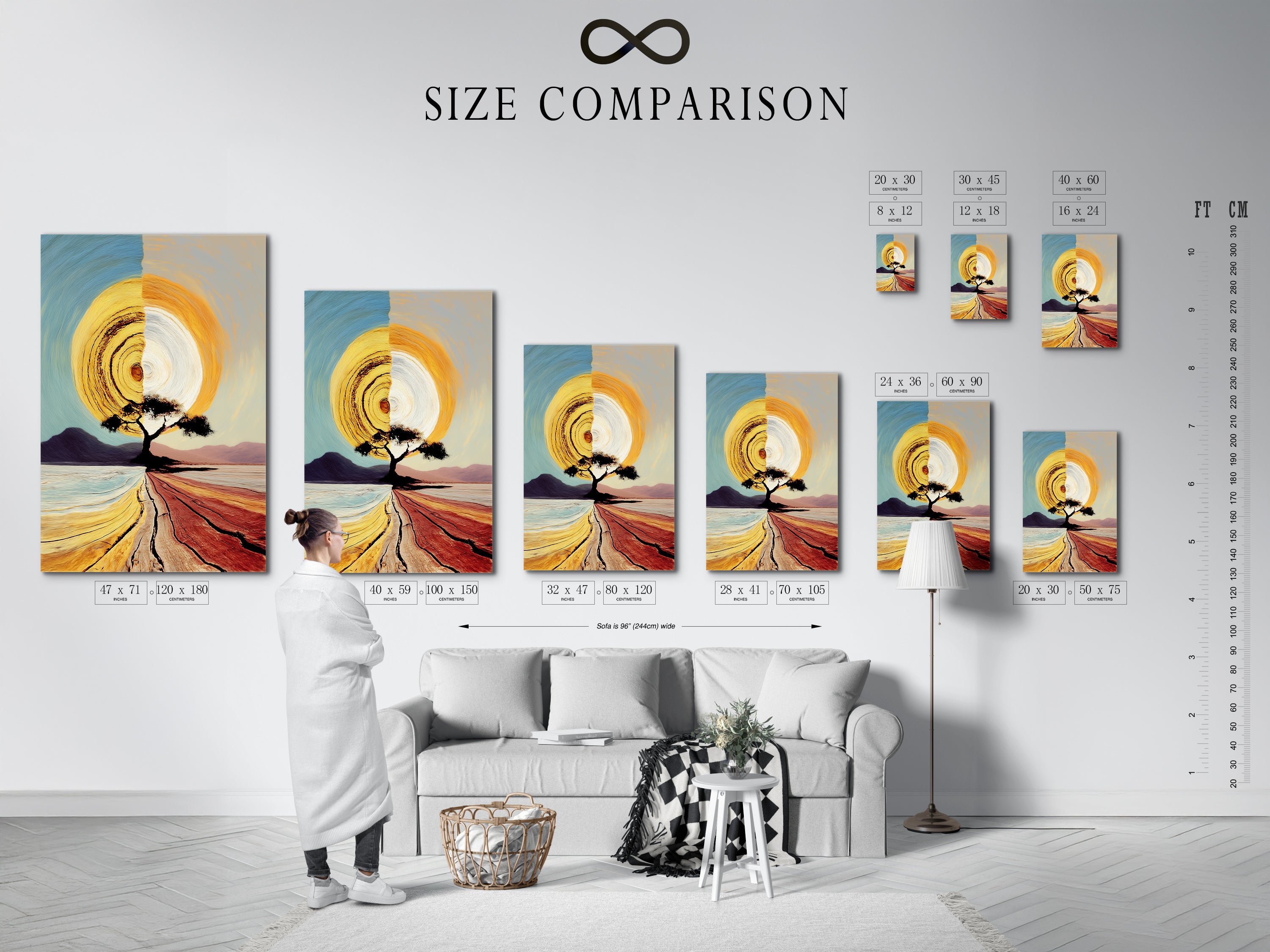 A size comparison chart is displayed in a stylish interior. This chart helps you visualize the perfect size for your wall art. Choose the ideal dimensions for your sunrise tree artwork. Find the perfect fit for your living room bedroom or entryway with our size guide.