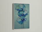 A white frame adds a clean modern touch to this blue floral canvas print. The bright frame enhances the teal flower artwork. It is ideal for creating a fresh look in your bedroom or living space. This botanical print stands out