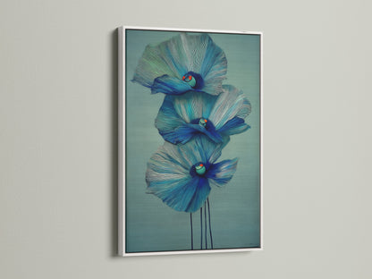 A white frame adds a clean modern touch to this blue floral canvas print. The bright frame enhances the teal flower artwork. It is ideal for creating a fresh look in your bedroom or living space. This botanical print stands out