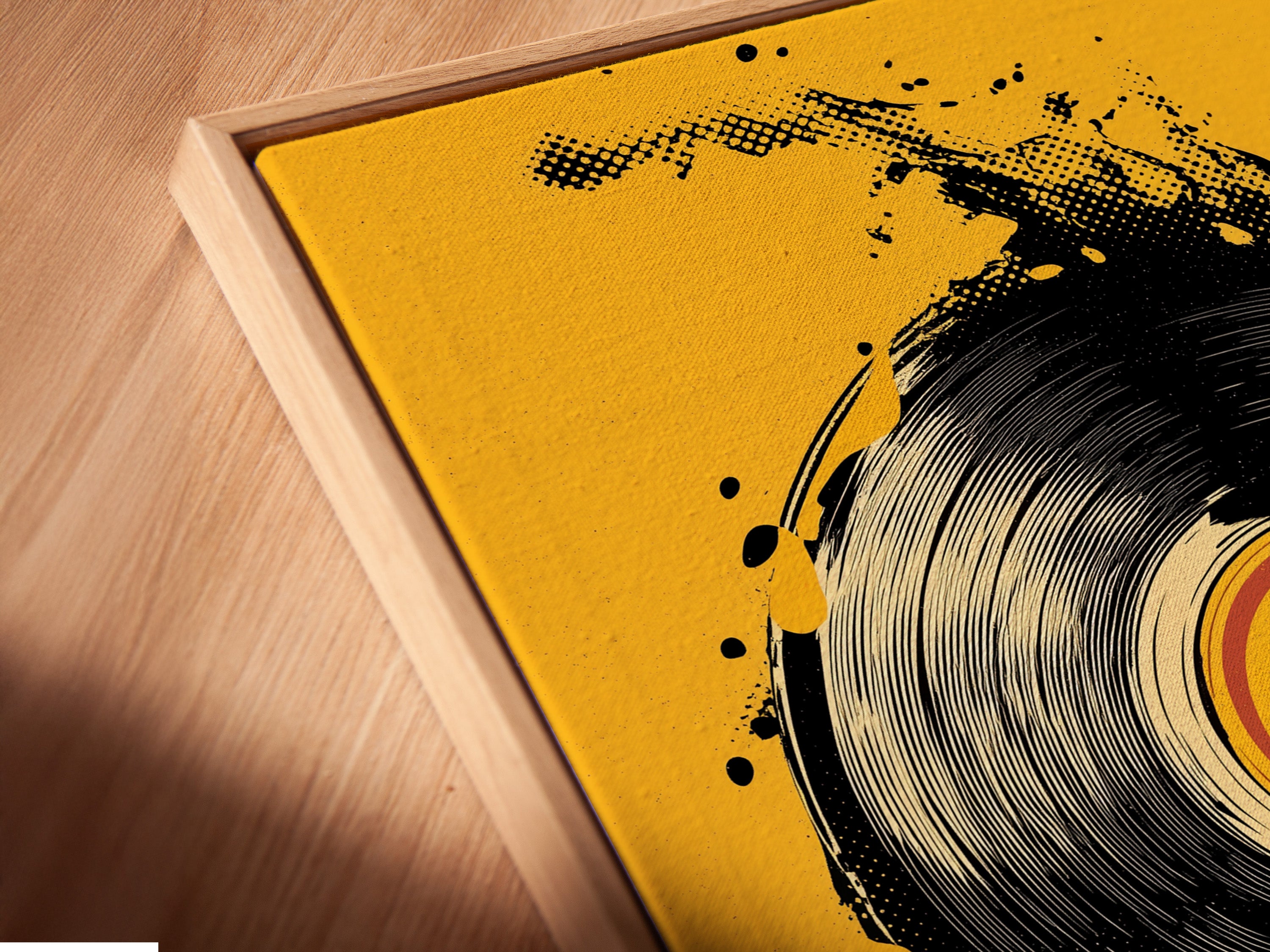 A close-up shows a canvas print in a floating frame. The floating frame creates a unique shadow. It adds depth to the artwork. The canvas print looks suspended within the frame. Floating frames offer a modern and sophisticated look.