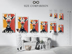 A size comparison chart is displayed in an interior setting. The chart helps visualize the Giraffe Portrait artwork in different sizes. The quirky wildlife art is perfect for kids room decor. The modern animal art has a coral orange background. It helps choose the perfect fit for your space.