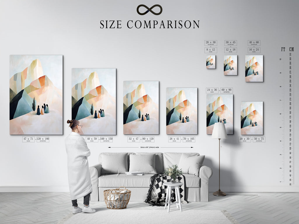Size comparison chart in an interior setting. See the various sizes available for the abstract mountain artwork. This helps visualize how the modern geometric landscape wall art fits in your space.