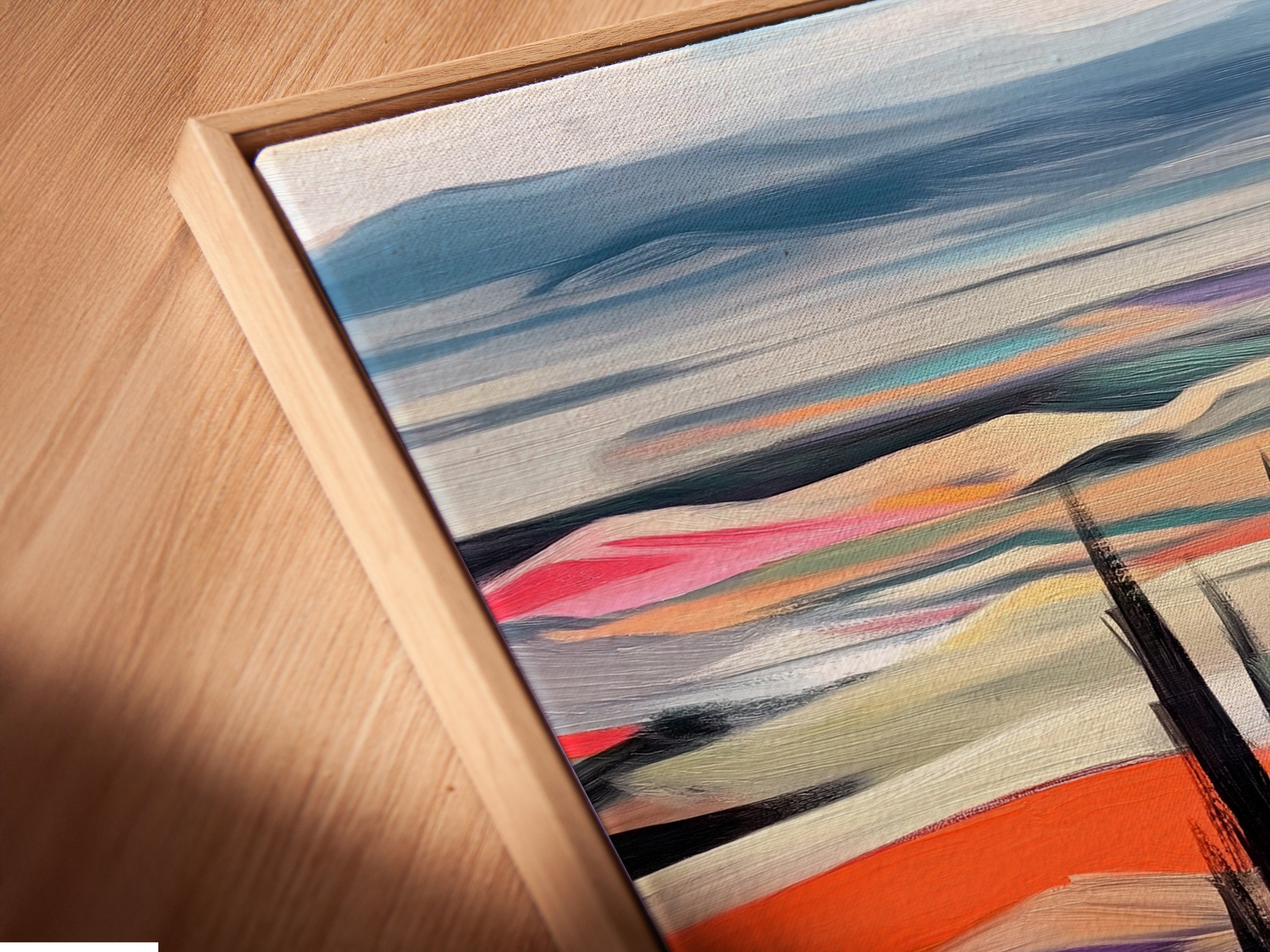 A close-up angled view reveals a canvas print in a floating frame. The Tuscan Landscape artwork features cypress trees and vibrant colors. The floating frame adds a modern touch. Perfect as entryway art or for any room needing a pop of color. Explore our range of frame options now.
