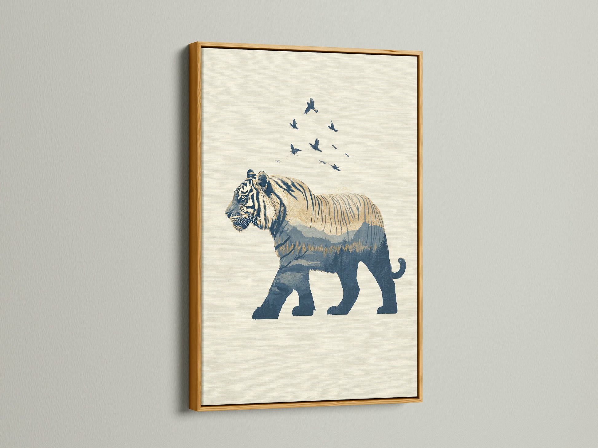 The gold frame brings a touch of luxury to this blue tiger artwork. The metallic finish enhances the wildlife canvas. Make a statement with this elegant animal art. Perfect for adding a sophisticated touch to your bedroom decor. Discover the beauty of this unique tiger artwork.