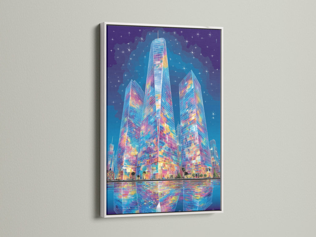 A white frame showcases the colorful city skyline art. This urban canvas print brings a modern touch to any room. The white frame complements the abstract cityscape. Ideal artwork for minimalist Scandinavian or contemporary interiors.