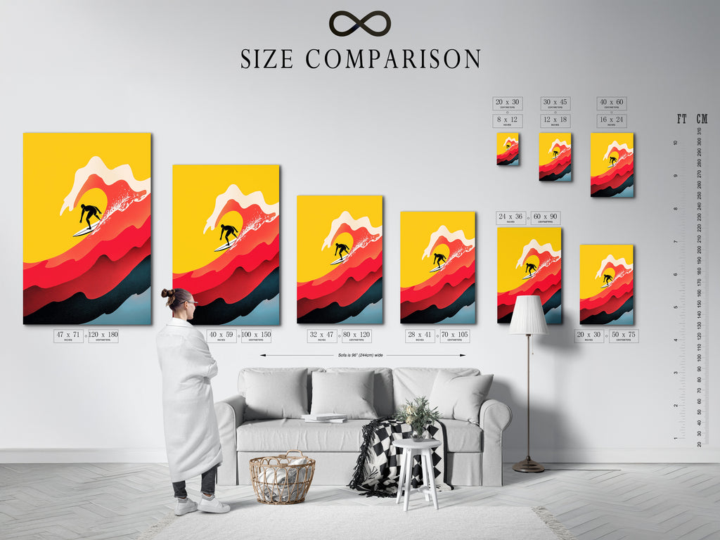 A size comparison chart shows the Surfing Canvas Print in a living room. Visualize the ideal size for your space. This retro wave artwork enhances your home decor. It's the perfect coastal art for any room.
