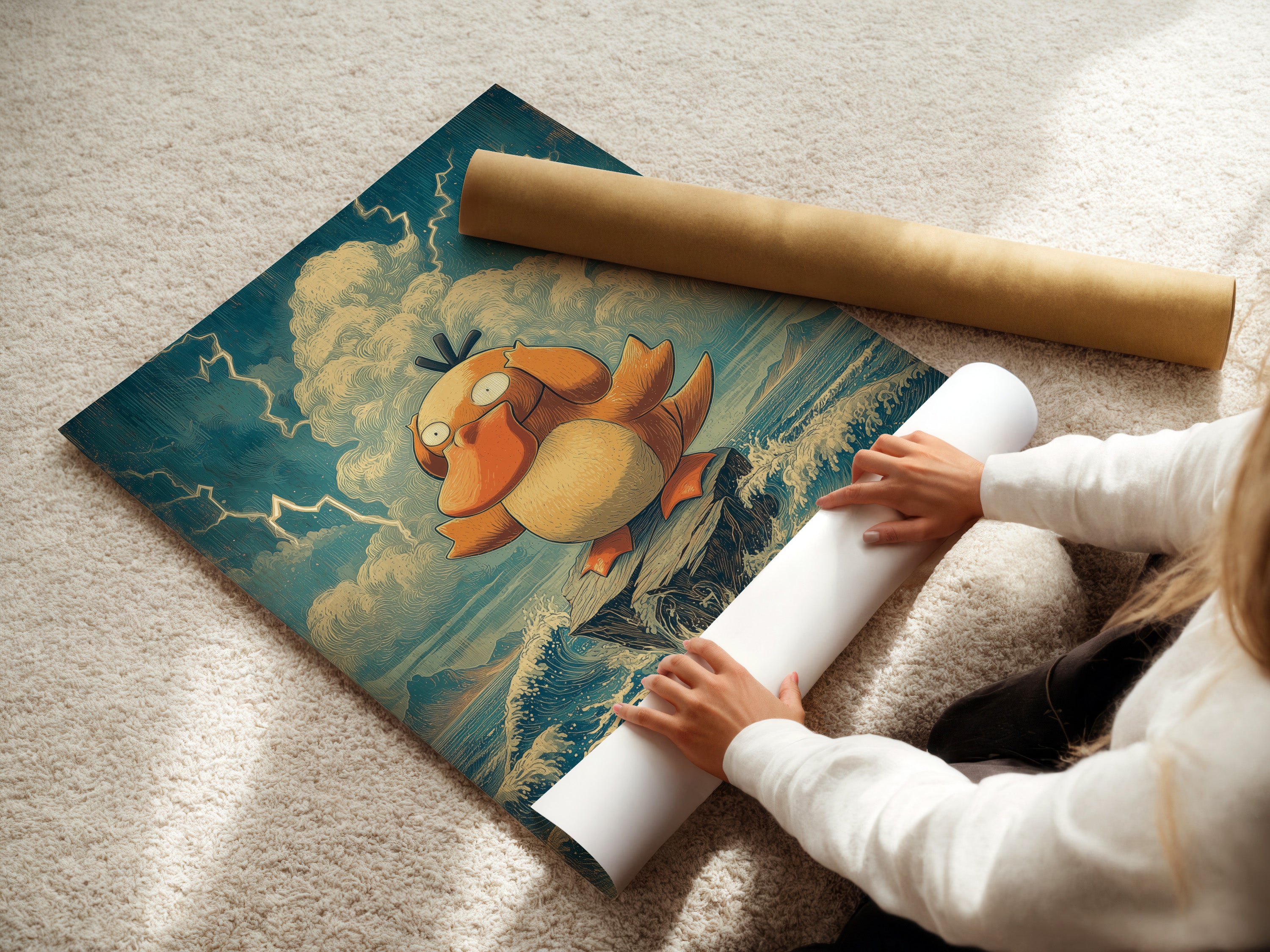 A woman is carefully rolling a fine art poster paper. She ensures the paper is smooth and protected. Preserving the artwork's quality is essential. This step prepares the artwork for framing. Discover fine art poster paper options.