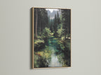 The forest river artwork is showcased in an oak frame. This woodland landscape painting brings nature into your home. Emerald green tones create a peaceful ambiance. Perfect for cabin decor or rustic wall art. The river landscape provides a serene focal point. Enhance your living space with this fine art print.