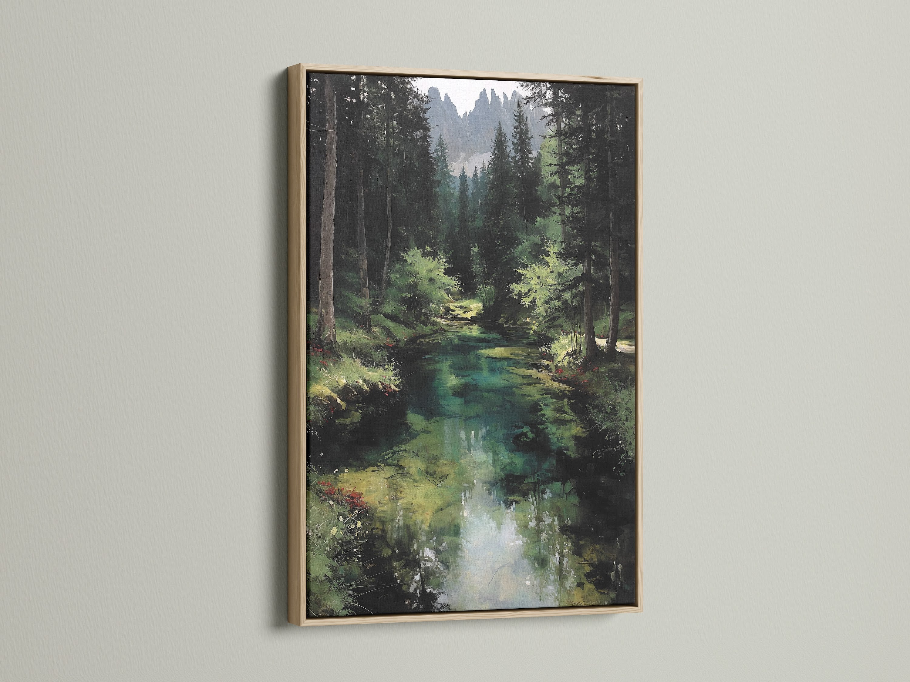 The forest river artwork is showcased in an oak frame. This woodland landscape painting brings nature into your home. Emerald green tones create a peaceful ambiance. Perfect for cabin decor or rustic wall art. The river landscape provides a serene focal point. Enhance your living space with this fine art print.
