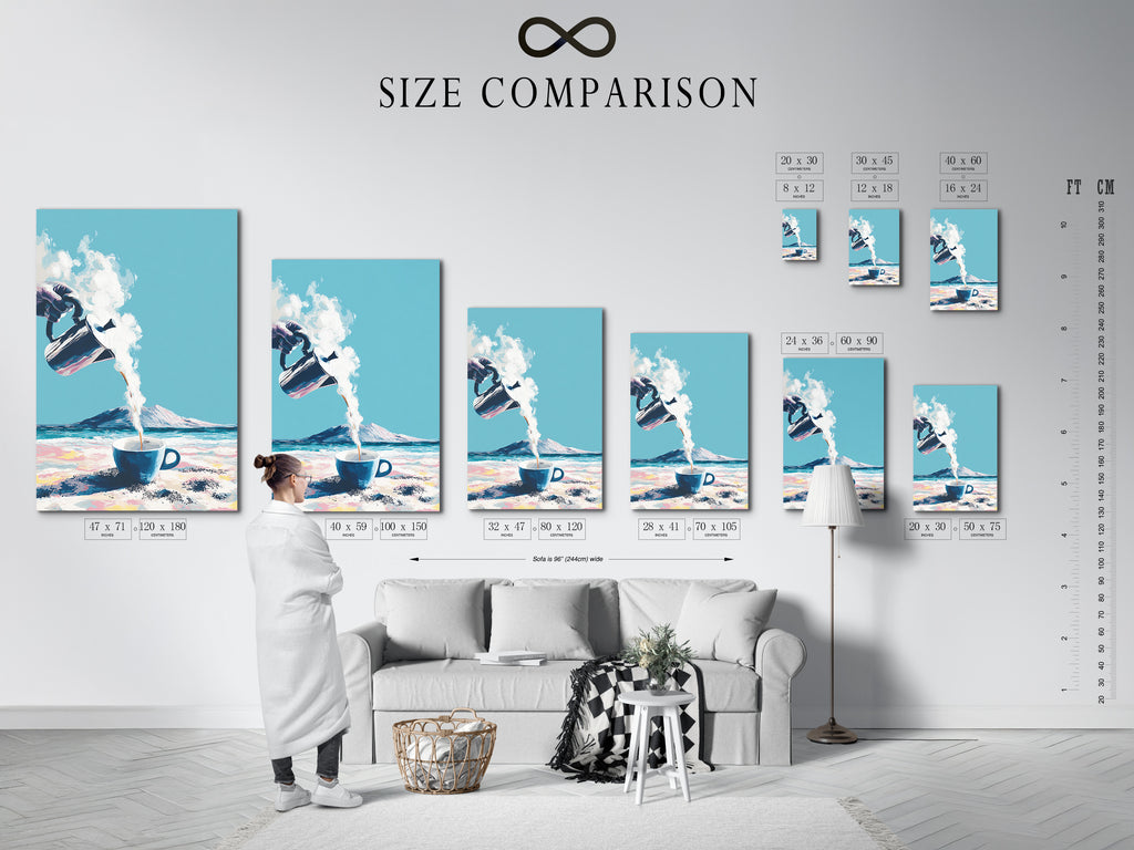 Size comparison chart in an interior setting. See how the Coastal Coffee artwork fits your space. Choose the perfect size for your kitchen or cafe. Visualize your artwork before you buy. Transform your walls.