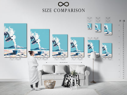 Size comparison chart in an interior setting. See how the Coastal Coffee artwork fits your space. Choose the perfect size for your kitchen or cafe. Visualize your artwork before you buy. Transform your walls.