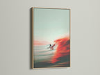 A surfer rides a wave. The art is inside an oak frame. Enhance your space with framed art. The oak frame adds warmth. Find the perfect frame for your artwork. Shop art prints in oak frames now.