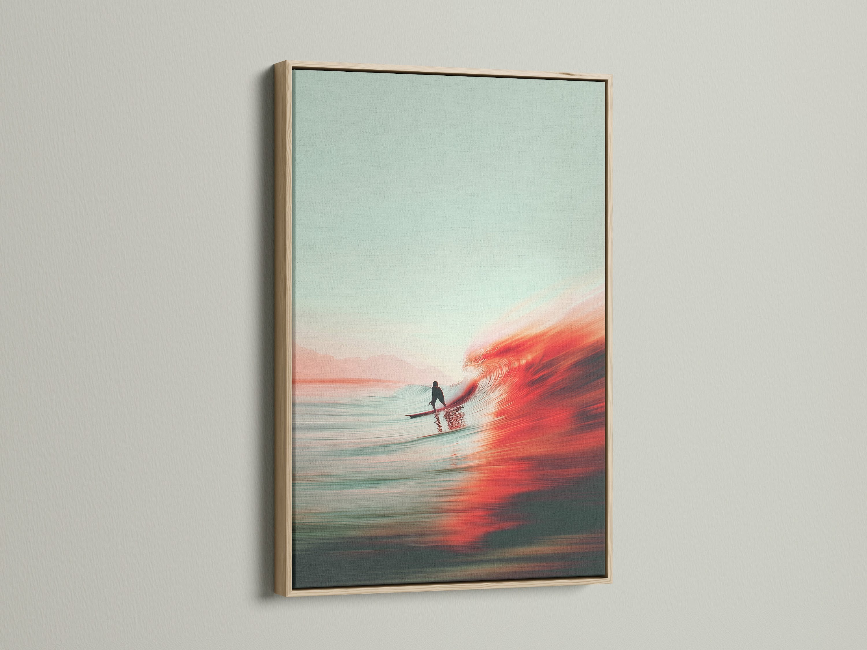 A surfer rides a wave. The art is inside an oak frame. Enhance your space with framed art. The oak frame adds warmth. Find the perfect frame for your artwork. Shop art prints in oak frames now.