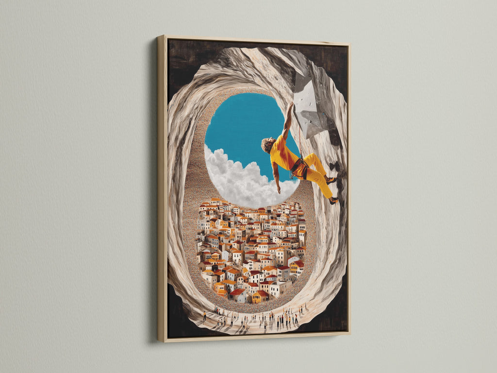 Oak frame featuring Rock Climbing Art Print. Adventure sports wall art adds excitement to any room. Sports canvas print perfect for a man cave. Mediterranean art for office wall decor. Inspire your space with adventure decor.