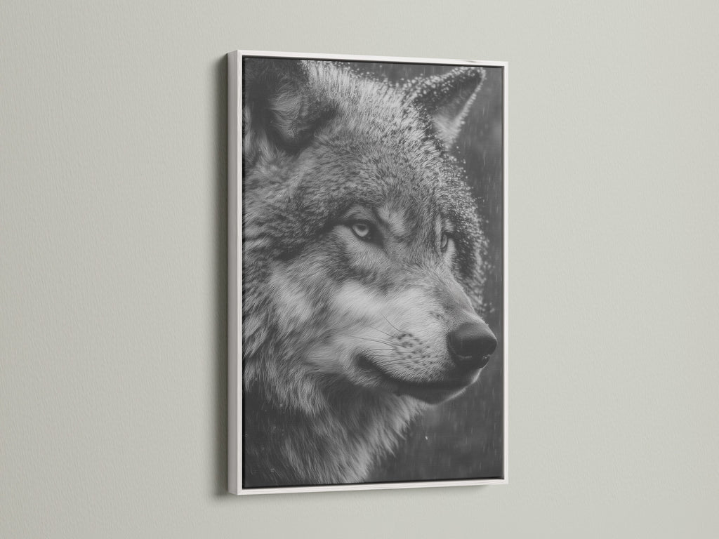The black and white wolf artwork is showcased in a clean white frame. Ideal for adding a modern touch to your office or living space. This animal portrait captures the essence of wildlife. A stunning piece of wall art.