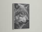 The black and white wolf artwork is showcased in a clean white frame. Ideal for adding a modern touch to your office or living space. This animal portrait captures the essence of wildlife. A stunning piece of wall art.