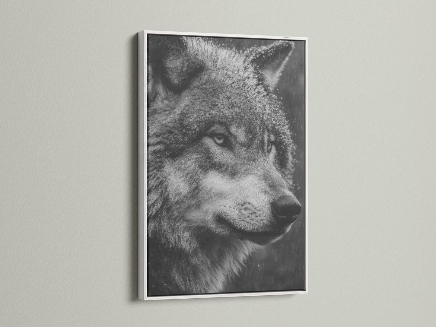 The black and white wolf artwork is showcased in a clean white frame. Ideal for adding a modern touch to your office or living space. This animal portrait captures the essence of wildlife. A stunning piece of wall art.