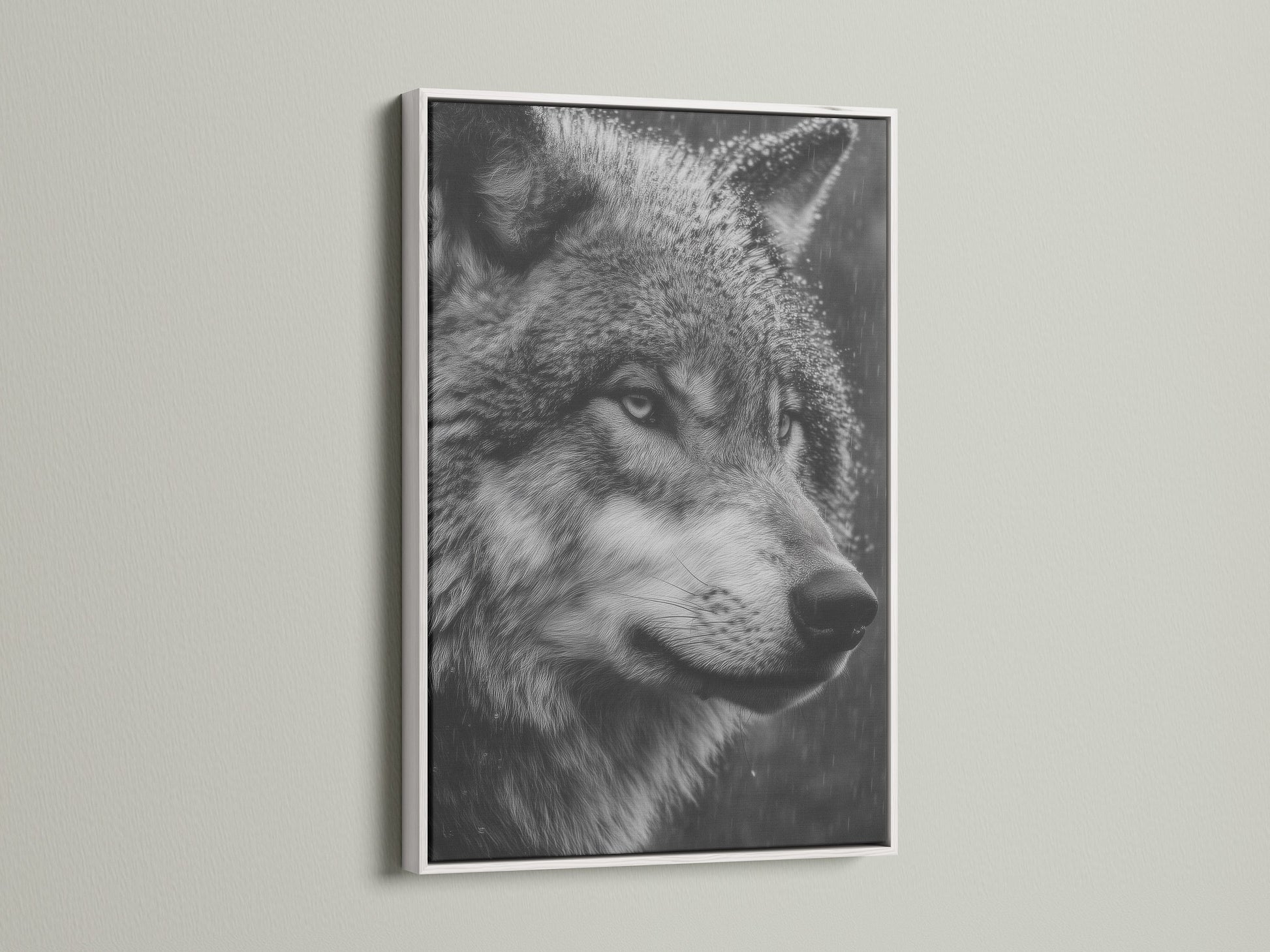 The black and white wolf artwork is showcased in a clean white frame. Ideal for adding a modern touch to your office or living space. This animal portrait captures the essence of wildlife. A stunning piece of wall art.