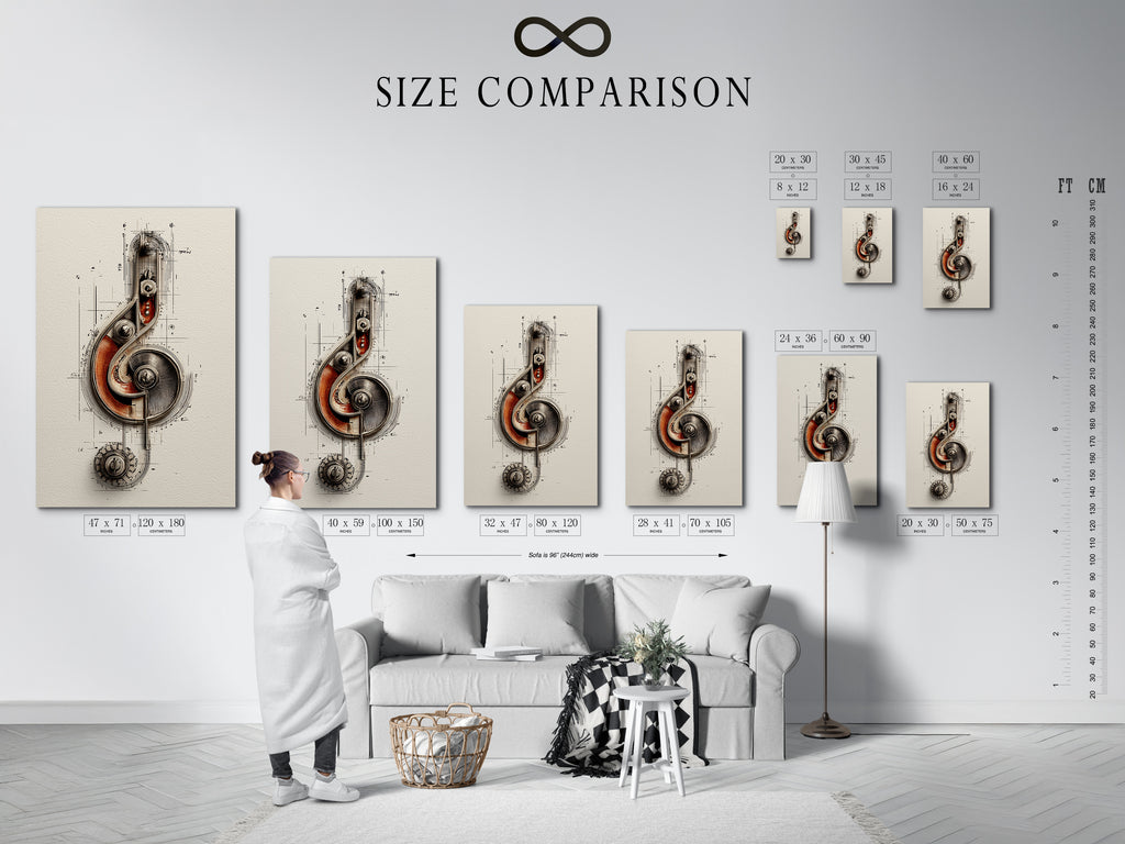 A size comparison chart in an interior setting shows the steampunk music note artwork. Available sizes for the mechanical treble clef wall art are displayed. This industrial decor suits various spaces. This vintage drawing is ideal for music lovers.
