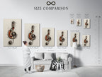 A size comparison chart in an interior setting shows the steampunk music note artwork. Available sizes for the mechanical treble clef wall art are displayed. This industrial decor suits various spaces. This vintage drawing is ideal for music lovers.