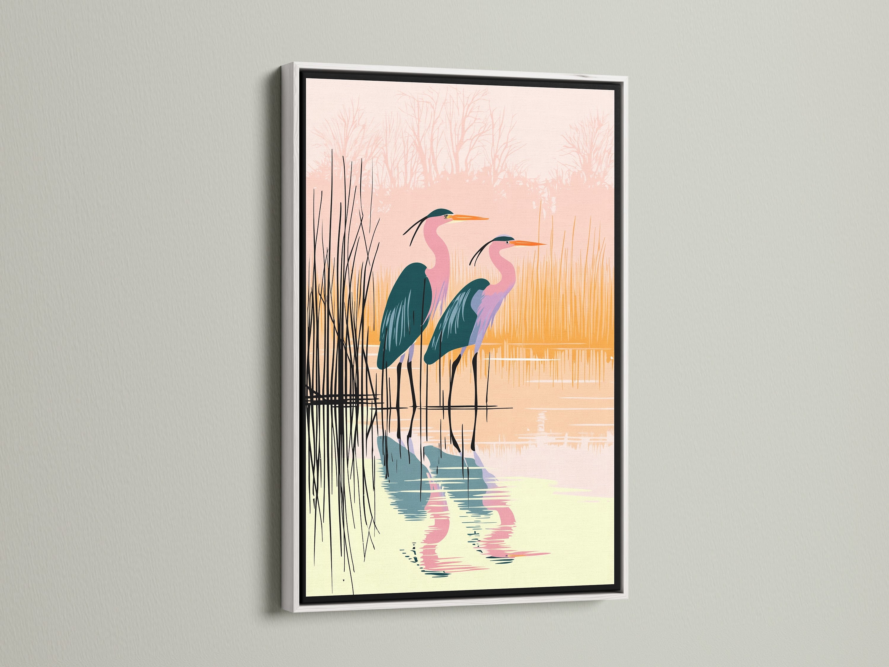 Heron canvas print in a white frame. This bird artwork adds a fresh coastal touch. The white frame makes the pink and teal colors pop. A great choice for bright modern wall decor and bird lover gifts.