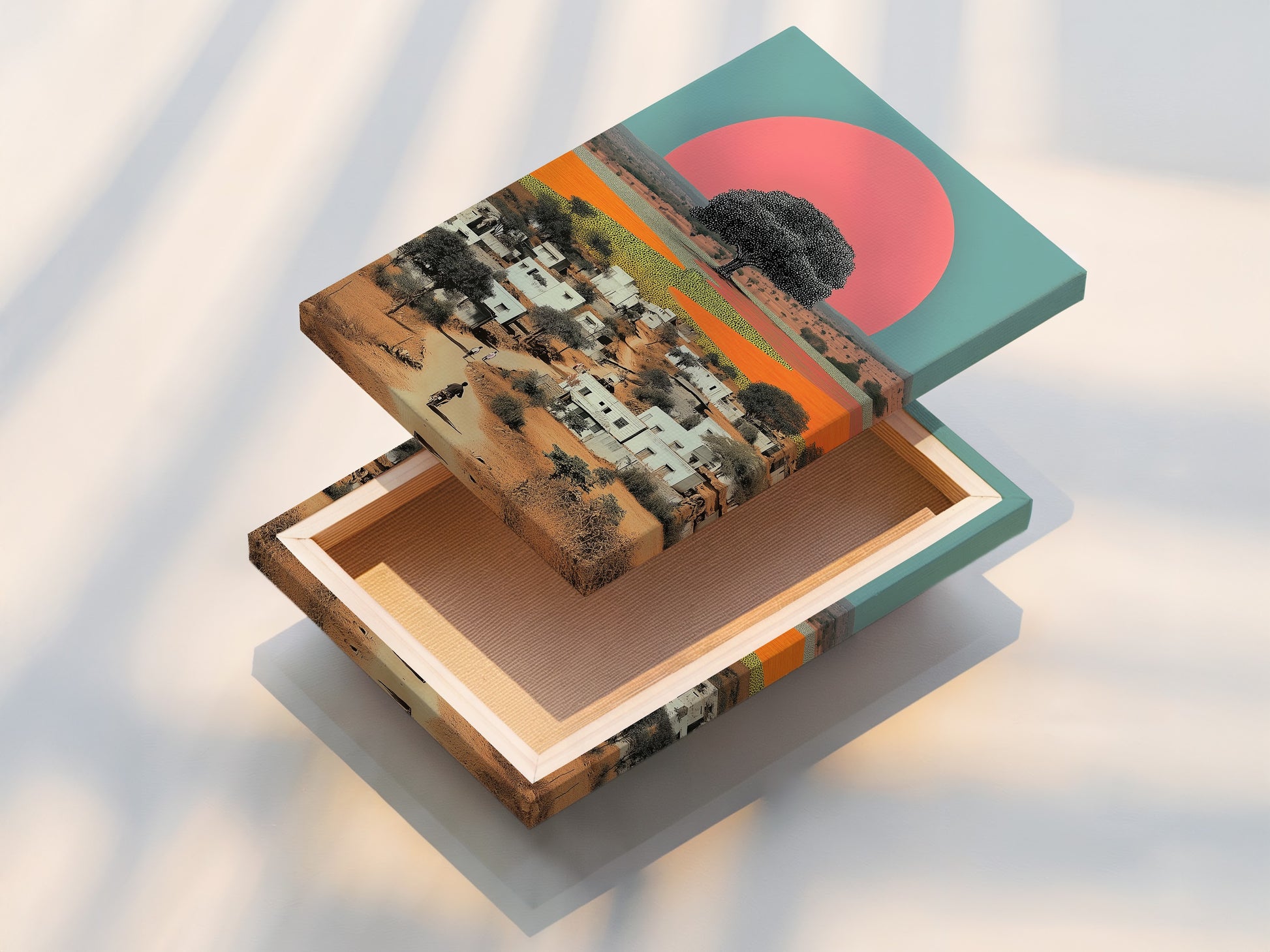 This is a stretched canvas print displaying the Indian Village artwork. The vivid colors and intricate details of the desert landscape and retro sunset are prominent. Perfect for adding global-inspired art to any room or office space.