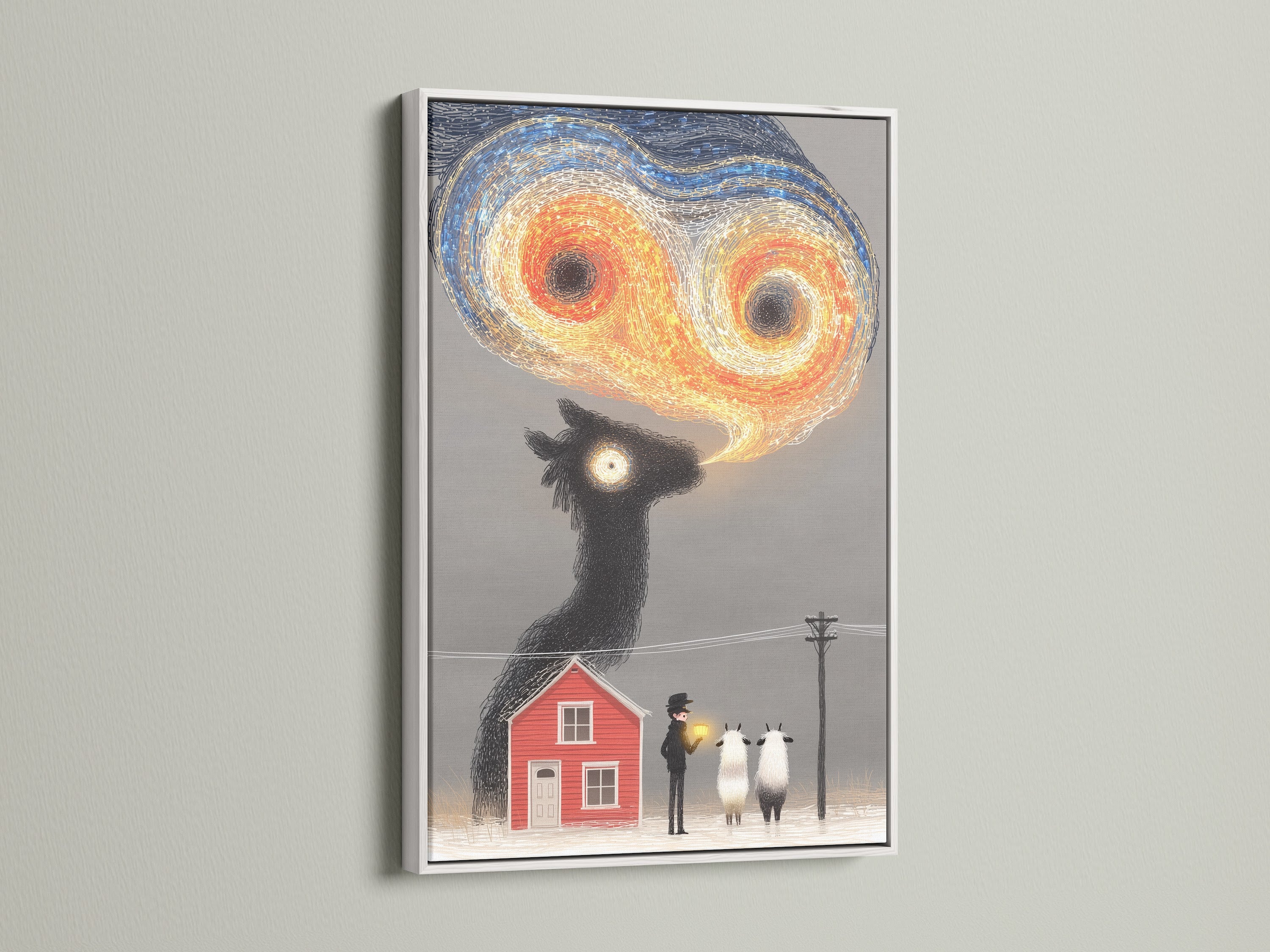 Whimsical sheep art is displayed in a white frame. The clean frame enhances the surreal print. This quirky artwork will brighten any space. The animal canvas suits farmhouse decor. This storybook art brings a dreamlike quality. Perfect for study wall art. Elevate your home with this unique piece.
