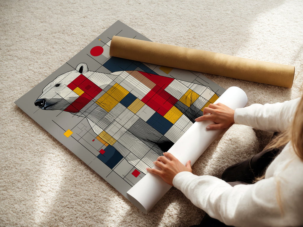 A woman carefully rolling a fine art poster paper. The paper features artwork. This ensures protection during shipping and handling. High-quality fine art paper enhances the artwork. Perfect for any art lover or collector. Excellent addition to any home or office.