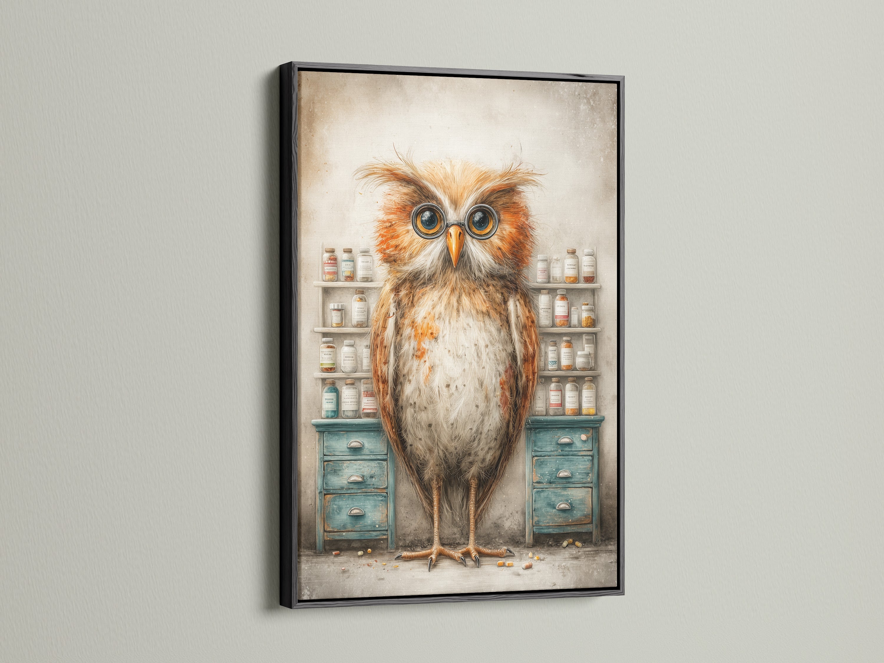 Owl apothecary artwork in a sleek black frame. This piece combines animal themes with pharmacy decor. It is ideal for office wall art and study room decor. The vintage pharmacy art is perfect for professionals and art lovers. The black frame complements the whimsical owl artwork. A distinctive wall art choice.
