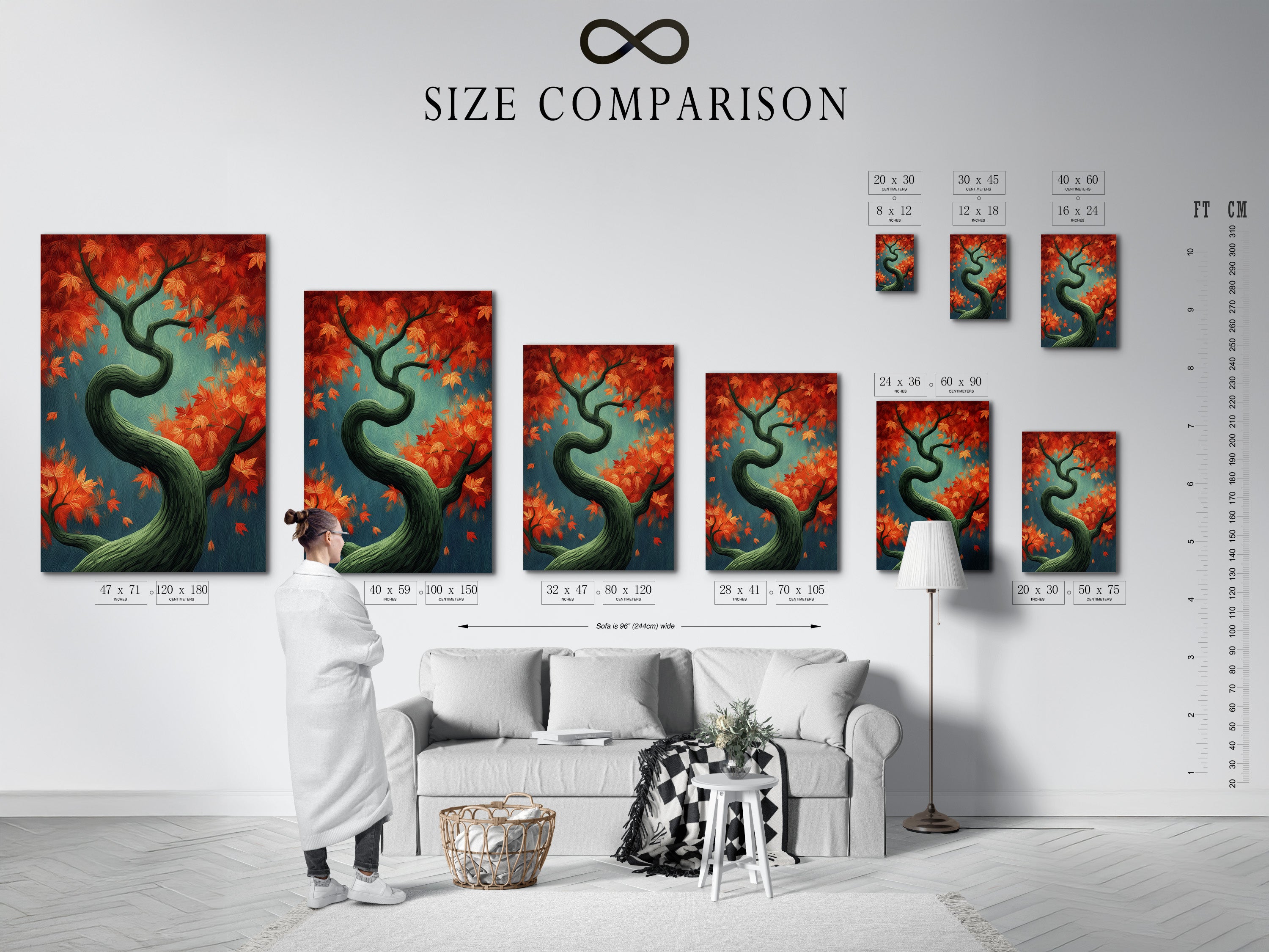 Size comparison chart in an interior setting. The chart illustrates various sizes for a Japanese style Autumn Tree canvas print. The fall foliage art is perfect for living room wall art. Choose the ideal size for your space.
