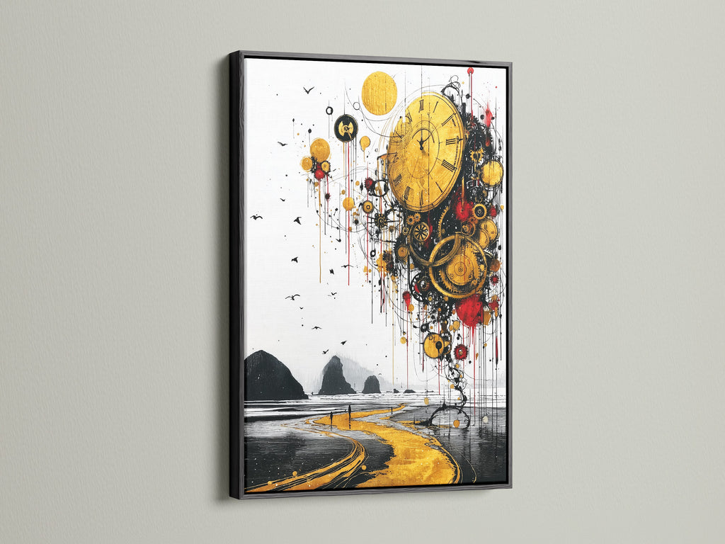 A sleek black frame is highlighted. This frame offers a modern touch to surreal time artwork. The dark border accentuates abstract clock art. Its a bold choice for golden landscape artwork. Its versatile for steampunk decor.