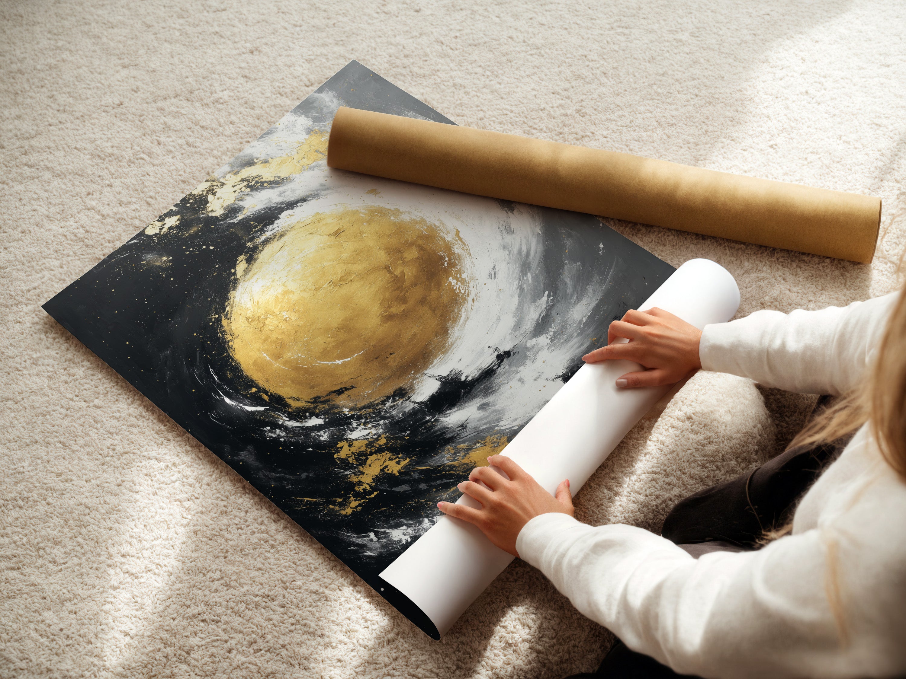 A woman carefully rolls a fine art poster paper. The fine art poster paper is of high quality. It ensures that the artwork is preserved. She is handling the paper with care.