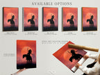 Available options: stretched canvas print fine art poster paper and floating frame. Choose your preferred format for this Native American Warrior artwork. Sunset silhouette wall art to suit your style. Elevate your western wall decor.