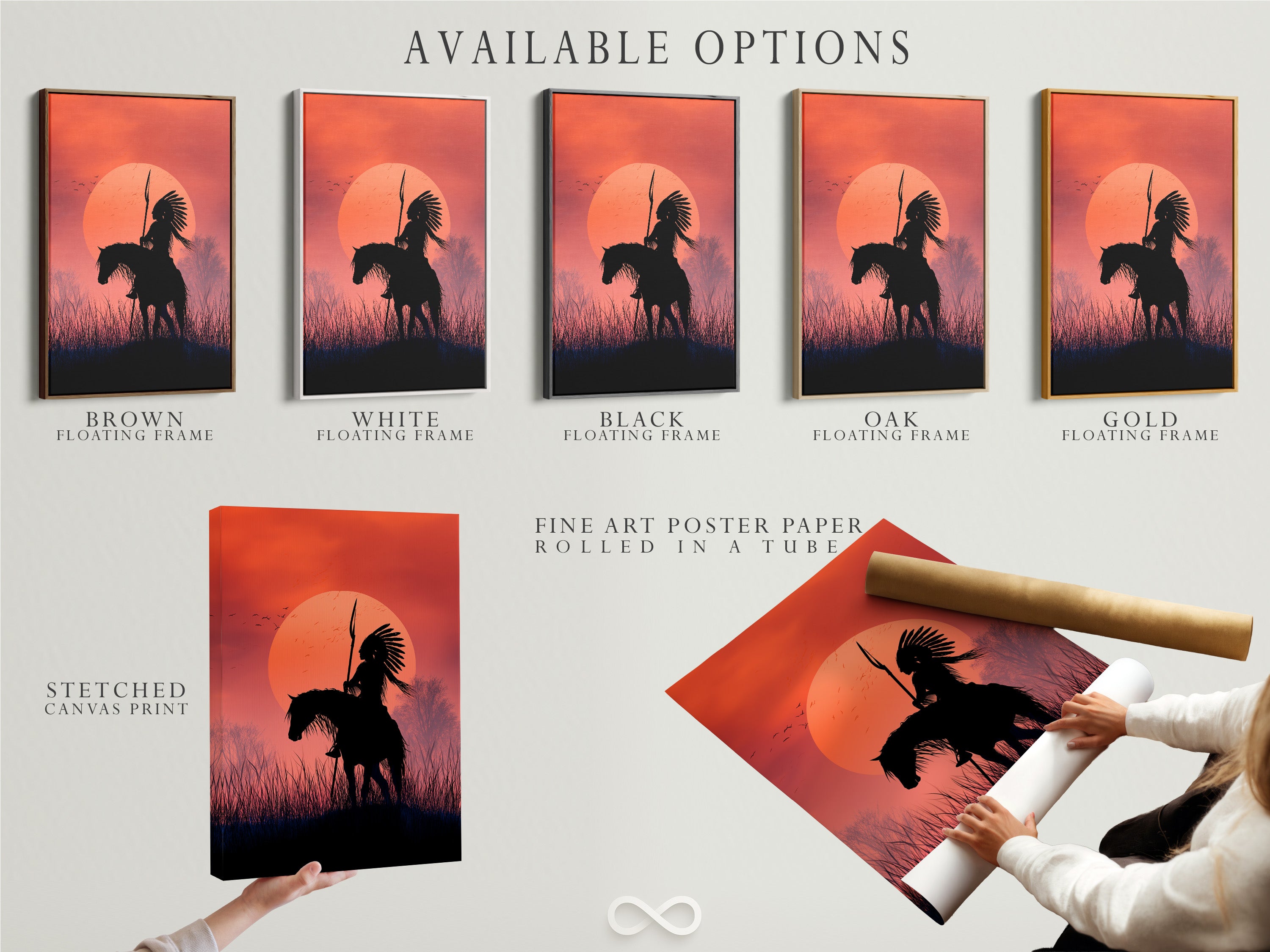 Available options: stretched canvas print fine art poster paper and floating frame. Choose your preferred format for this Native American Warrior artwork. Sunset silhouette wall art to suit your style. Elevate your western wall decor.