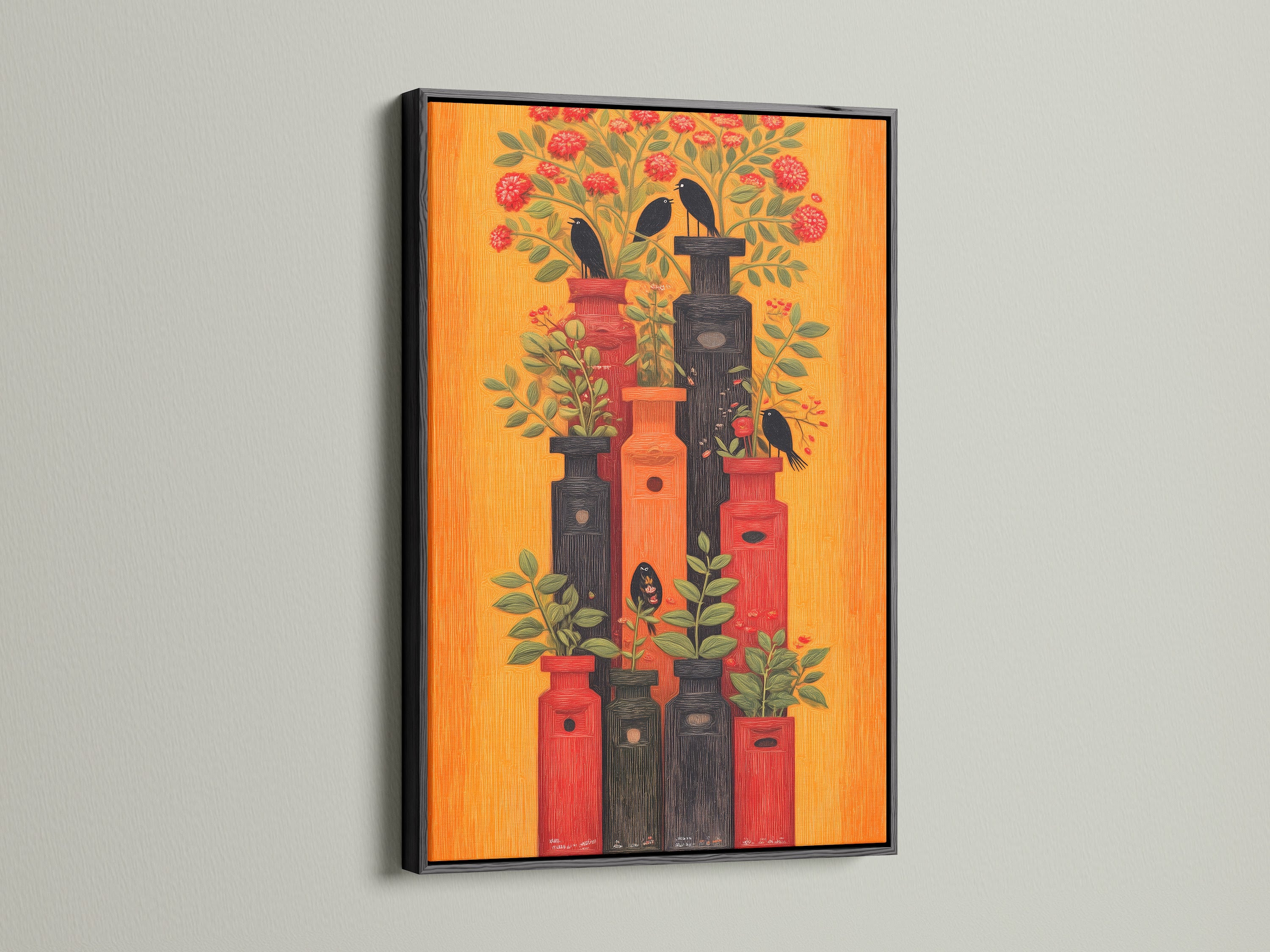 Botanical Birds Canvas Print in a black frame. This retro floral wall art features an orange and red birdhouse artwork. Perfect eclectic decor for a boutique. Get this bird lover gift today.