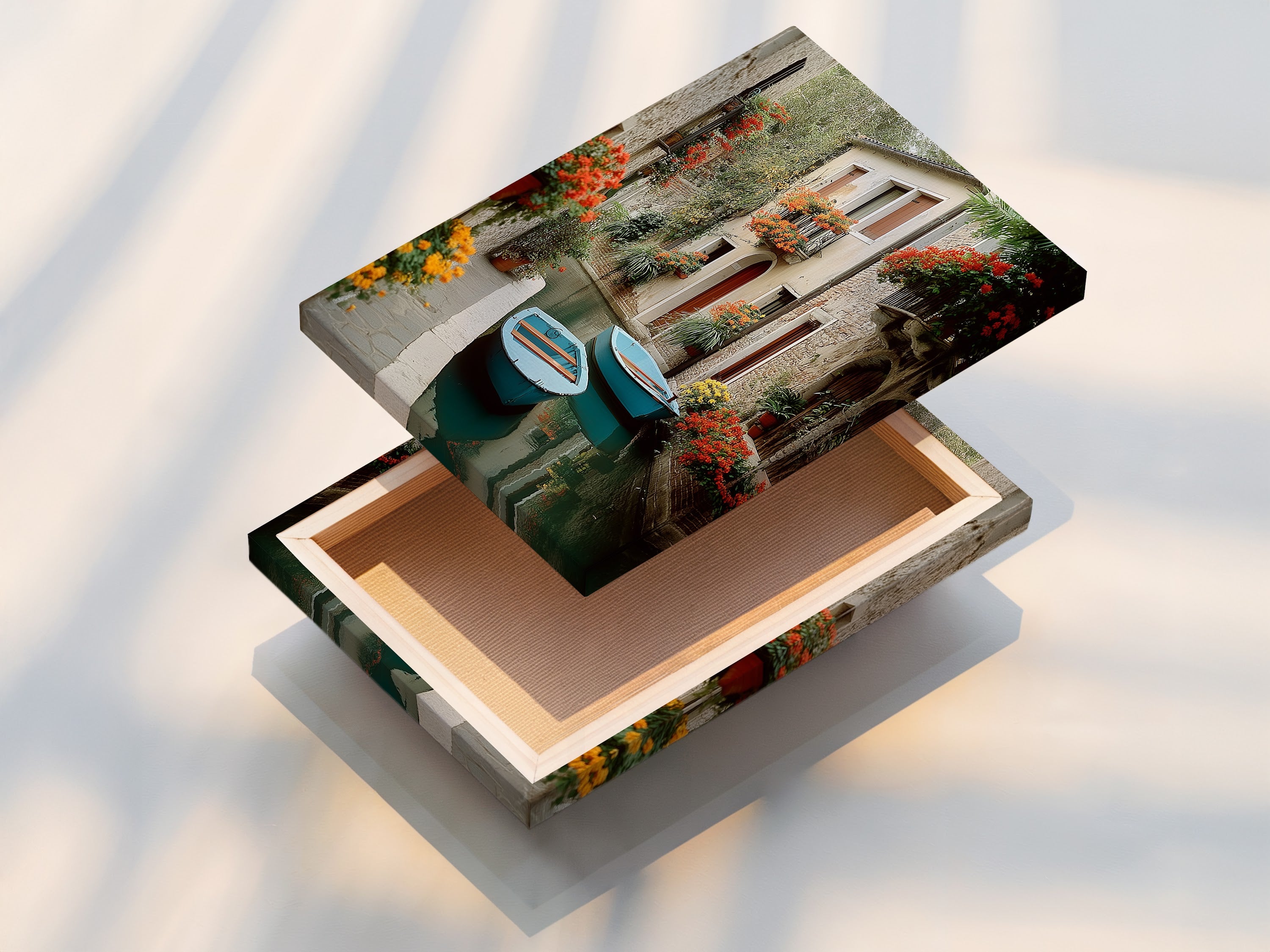 A stretched canvas print of the Venice Canal. This Italian cityscape brings vintage European charm to your home. Ready to hang and enjoy. Perfect for living rooms bedrooms and lobbies.