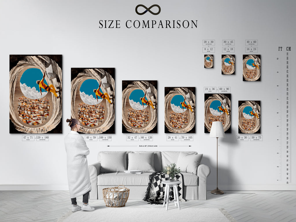 Size comparison chart in an interior setting. Helps visualize the perfect fit for your space. Rock climbing art and adventure wall art. See how different sizes enhance your decor. Find the ideal size for your sports canvas print today.
