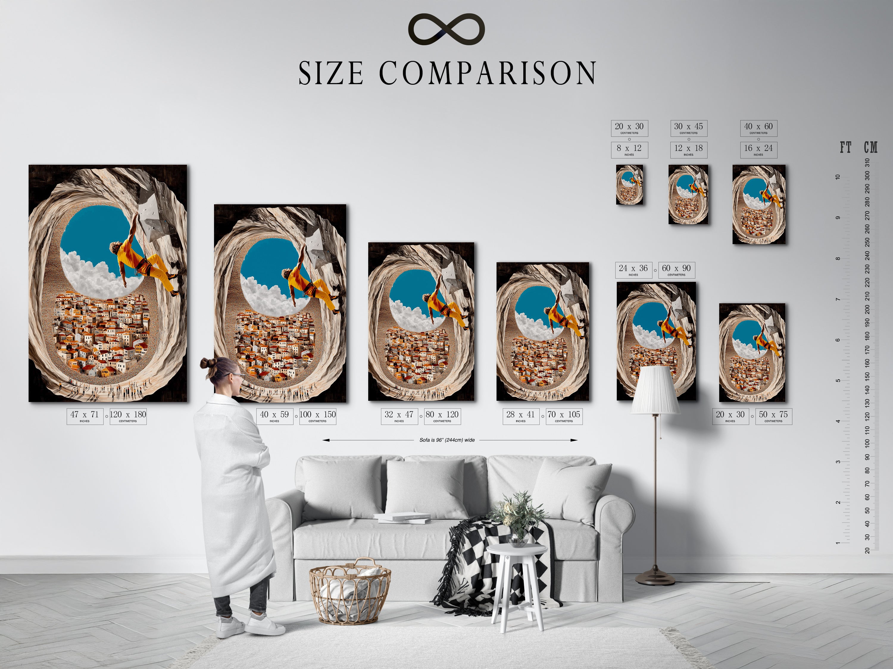 Size comparison chart in an interior setting. Helps visualize the perfect fit for your space. Rock climbing art and adventure wall art. See how different sizes enhance your decor. Find the ideal size for your sports canvas print today.