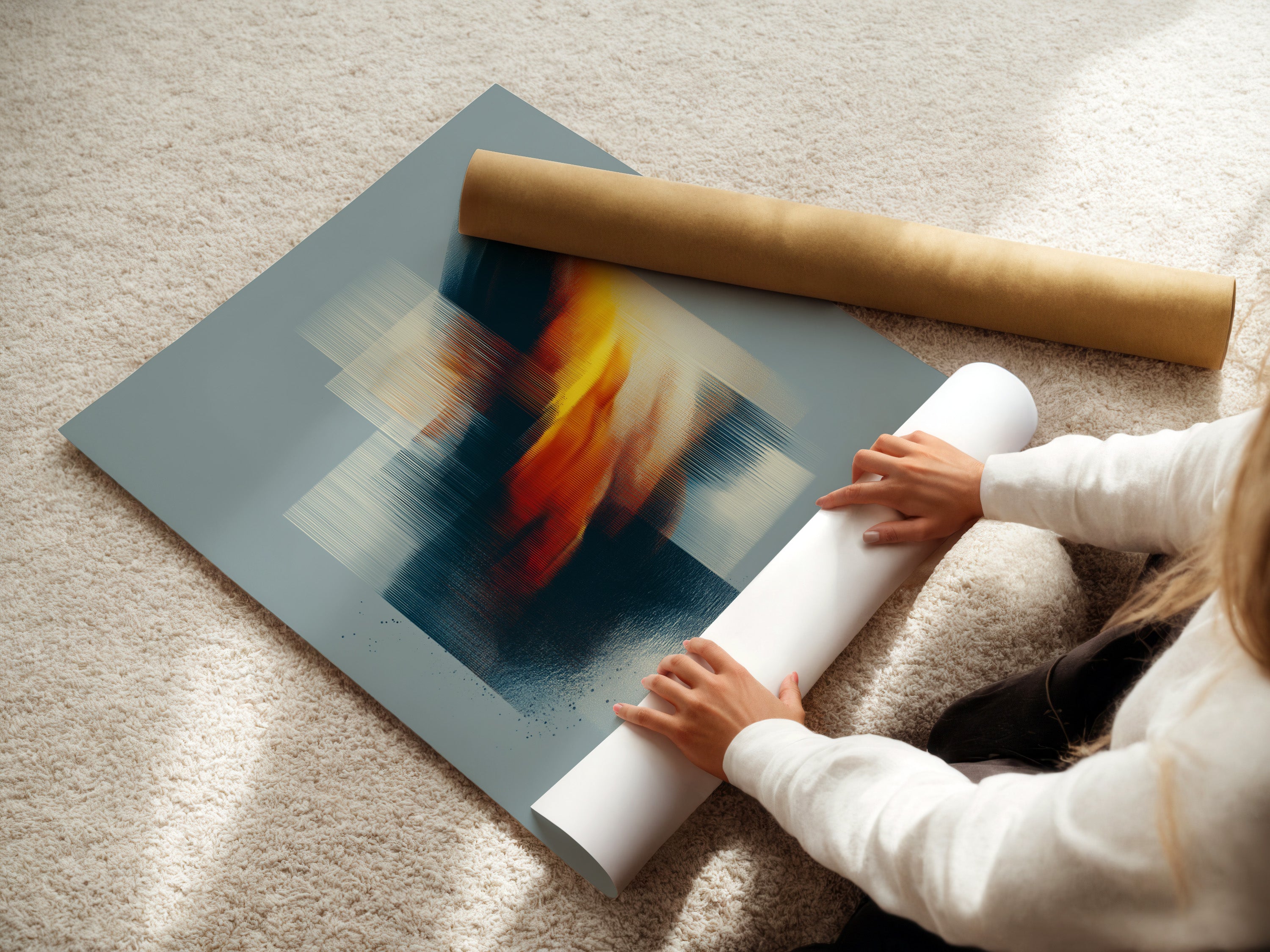 A woman is carefully rolling fine art poster paper. The delicate process ensures the print's quality. This protects the artwork during handling and shipping. The fine art poster paper is perfect for detailed prints. Experience the beauty of high-quality art. Discover the perfect paper for your artwork.