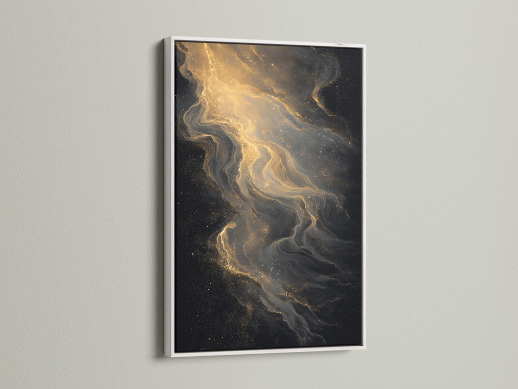 A framed artwork with a white frame hangs on a wall. The artwork features a captivating abstract art with gold and black ink patterns. The white frame offers a clean and modern look. Perfect for contemporary spaces.