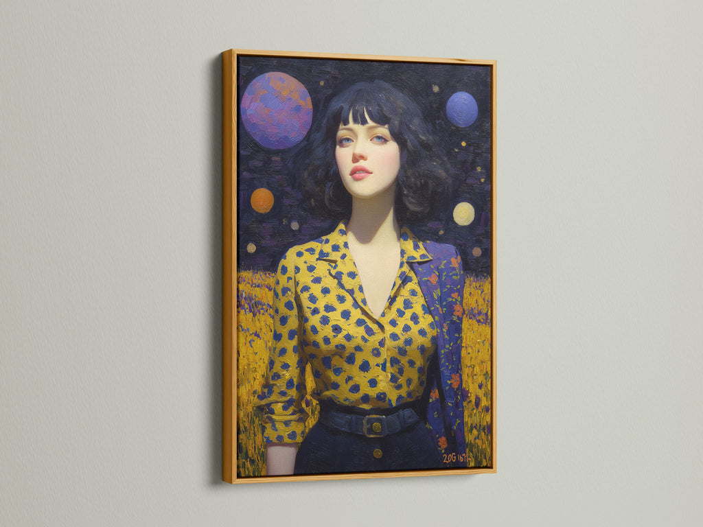 Cosmic Woman Portrait artwork with a gold frame. The starry night art offers a dreamy and surreal experience. Celestial bedroom decor enhances modern interiors. This cosmic woman print suits eclectic and contemporary styles. Perfect for art galleries.