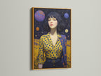 Cosmic Woman Portrait artwork with a gold frame. The starry night art offers a dreamy and surreal experience. Celestial bedroom decor enhances modern interiors. This cosmic woman print suits eclectic and contemporary styles. Perfect for art galleries.